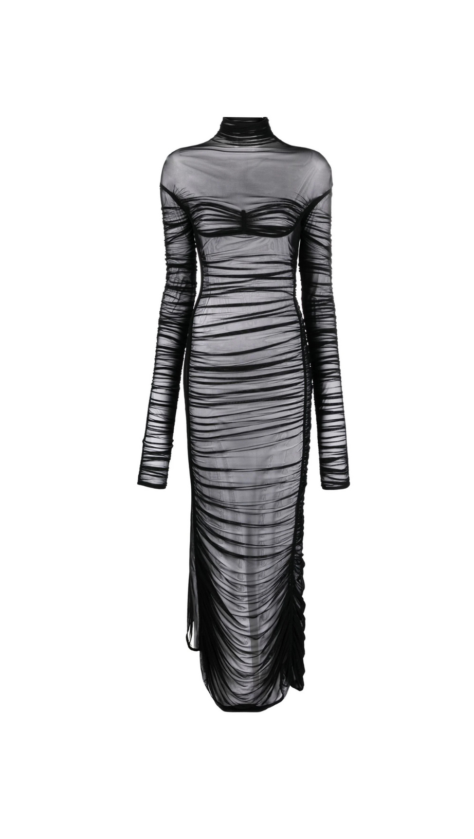 BLACK RUCHED SHEER MAXI DRESS