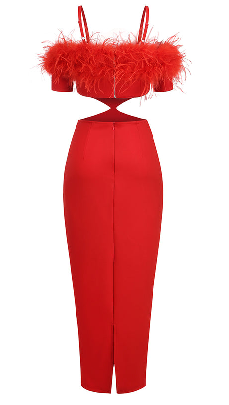 OFF-SHOULDER FEATHER PANEL RED DRESS