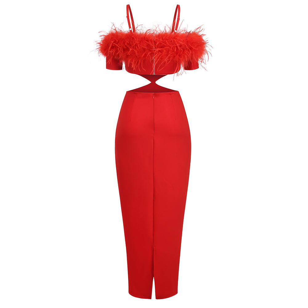 AIIZIE OFF-SHOULDER FEATHER PANEL RED DRESS - product image