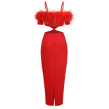 Off-shoulder feather panel red dress