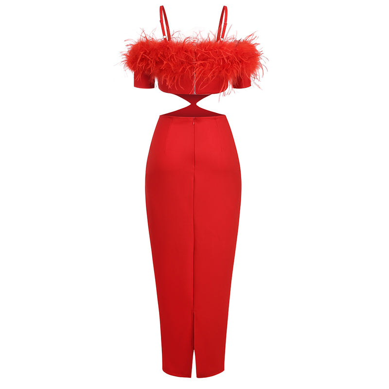 Off-shoulder feather panel red dress