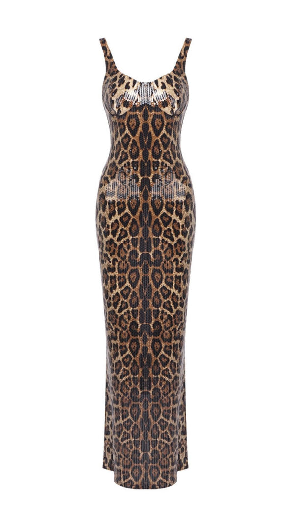 Jarrell Dazzling Leopard Sequin Maxi Gown with Dramatic Cape