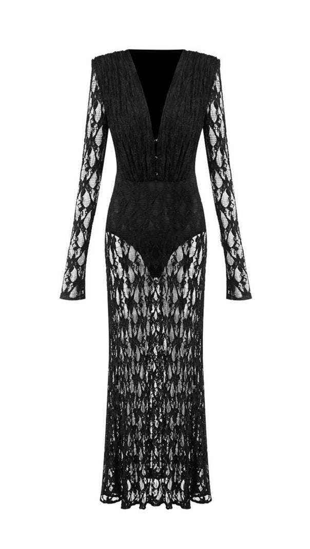 AIIZIE Jemma Black Sheer Lace Maxi Dress | Deep V-Neck Long Sleeve Evening Gown - product image