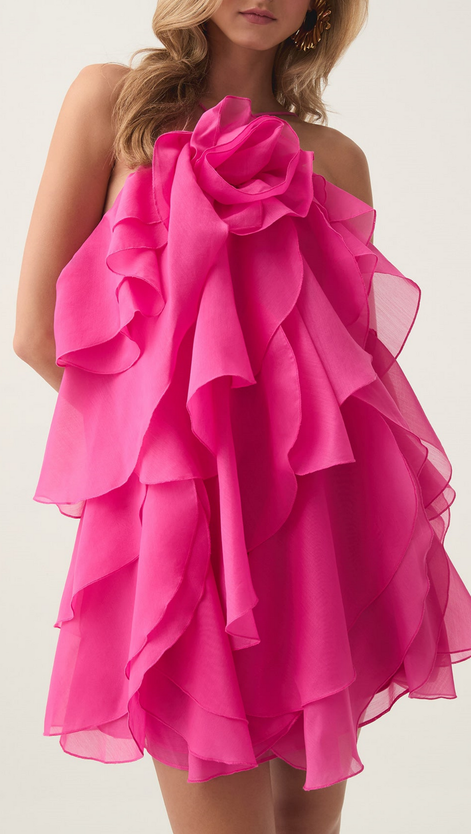 LORRAINE HALTER FLORAL RUFFLE LAYERED MINI DRESS IN FUCHSIA