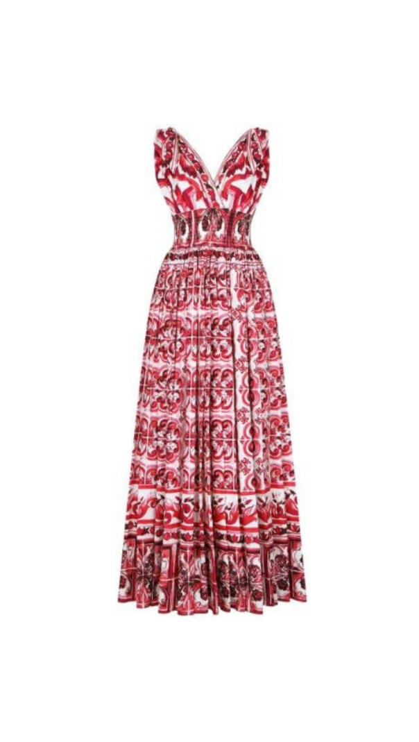 AIIZIE RED MAJOLICA PRINT FLARED MAXI DRESS - product image