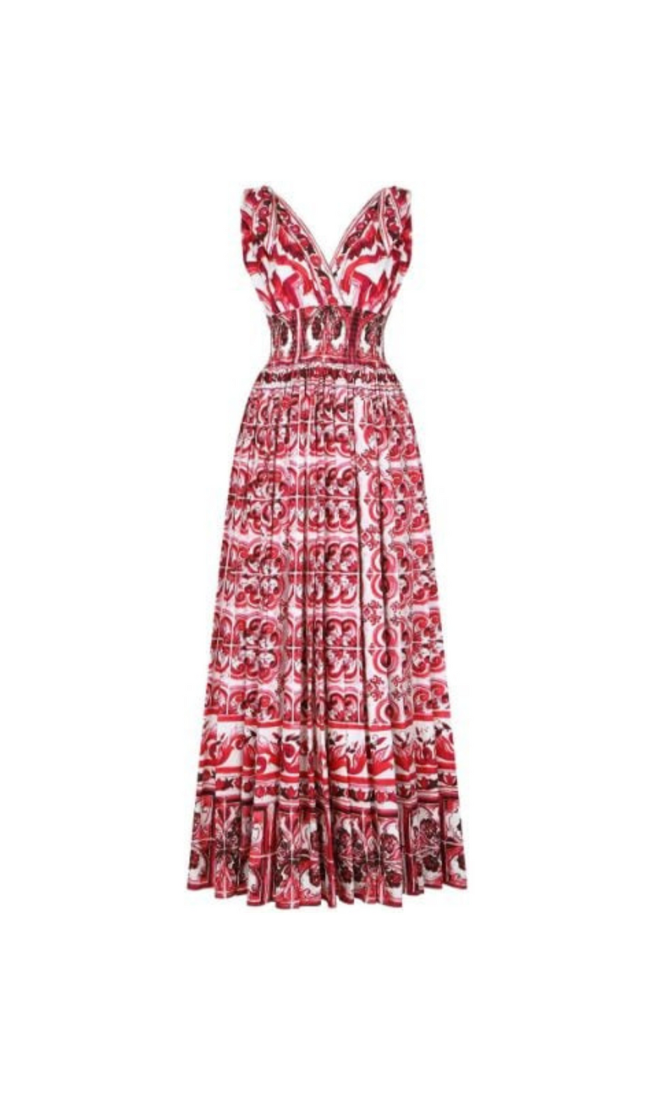 ROTES AUSGESTELLTES MAXIKLEID MIT MAJOLIKA-DRUCK