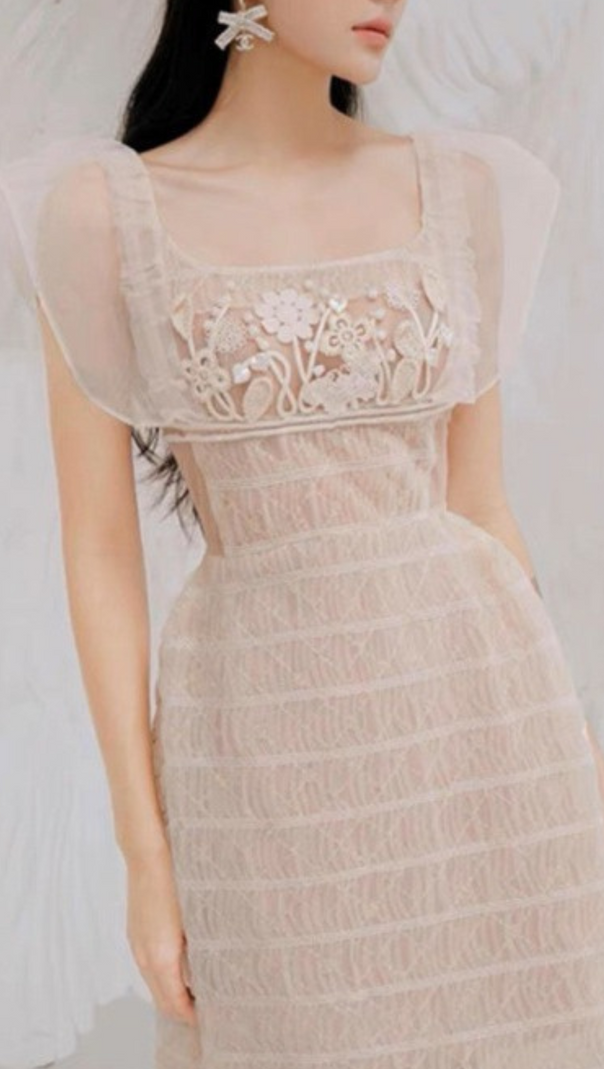 AIIZIE SQUARE NECK LACE MIDI DRESS IN BEIGE - product image