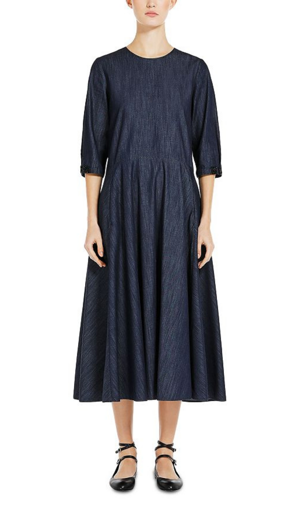 EMBELLISHED COTTON DENIM MIDI DRESS