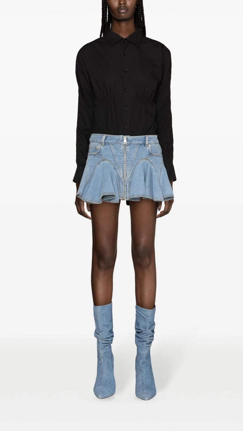 BLUE FLARED DENIM MINI SKIRT