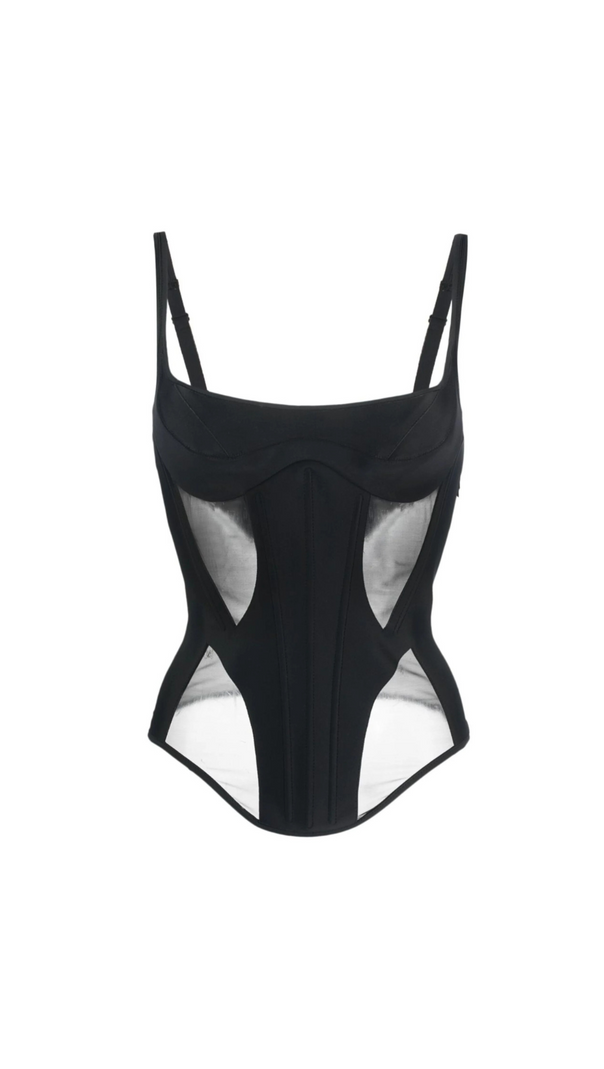 AIIZIE BLACK ILLUSION BONDED PANELLED CORSET TOP - product image