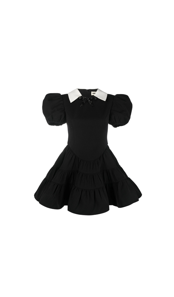 BLACK PUFF SLEEVE TIERED MINI DRESS