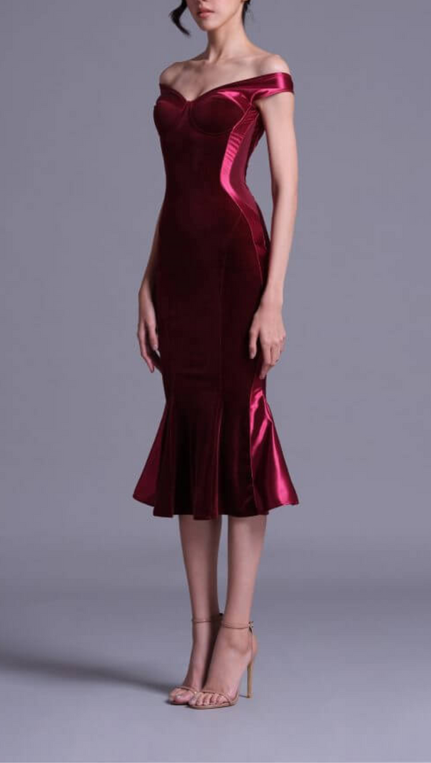 AIIZIE POLYESTER SPANDEX SATIN MIDI DRESS IN BURGUNDY - product image