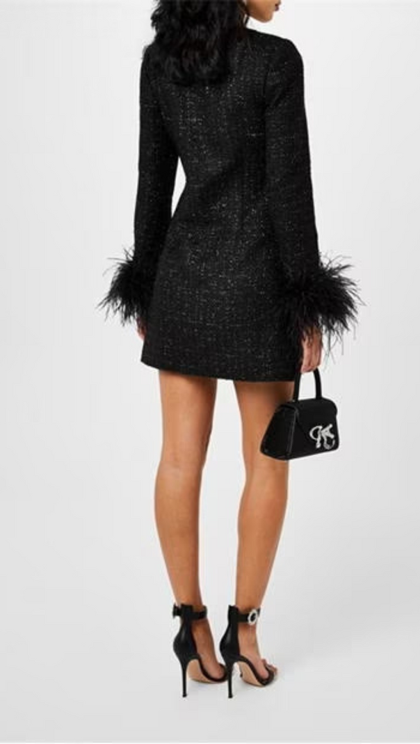 AIIZIE BLACK FEATHER-DETAILED BOUCLÉ MINI DRESS - product image