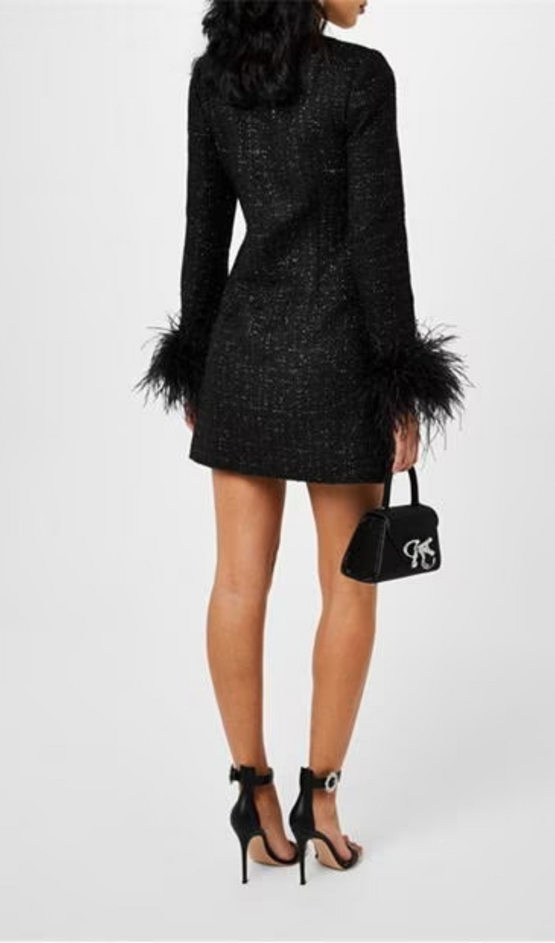 BLACK FEATHER-DETAILED BOUCLÉ MINI DRESS