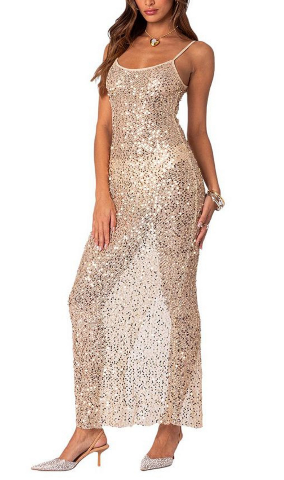 MAXIKLEID AUS TRANSPARENTEM NETZ MIT PAILLETTEN 