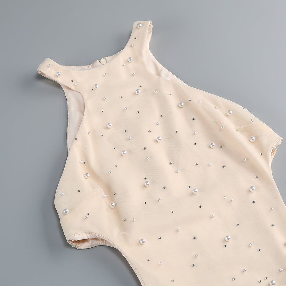 OFF-SHOULDER WAISTED PEARL EMBELLISHED FISHTAIL DRESS
