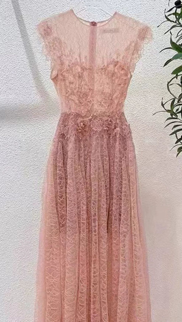 AIIZIE HISAYE ENCHANTING LACE & MESH PLEATED MIDI DRESS - ETHEREAL GREEN FOR SPECIAL OCCASIONS - product image