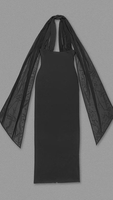 MERRY BLACK SHEER MESH UPPER PONTE LOWER MAXI DRESS