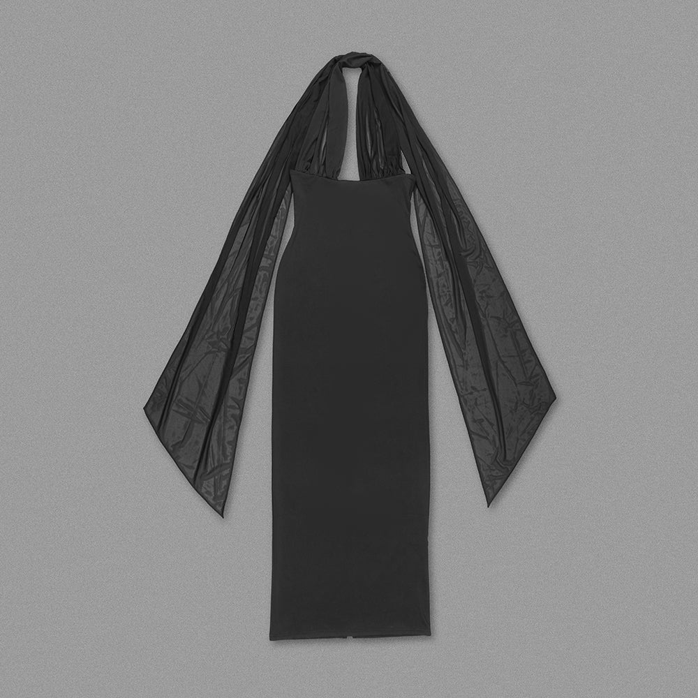 AIIZIE MERRY BLACK SHEER MESH UPPER PONTE LOWER MAXI DRESS - product image