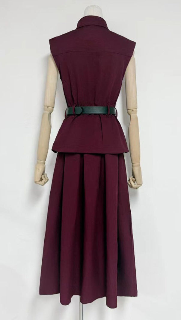 AIIZIE Iliana Elegant Burgundy Sleeveless Belted Skirt Set - Chic 2-Piece Outfit for Women - product image