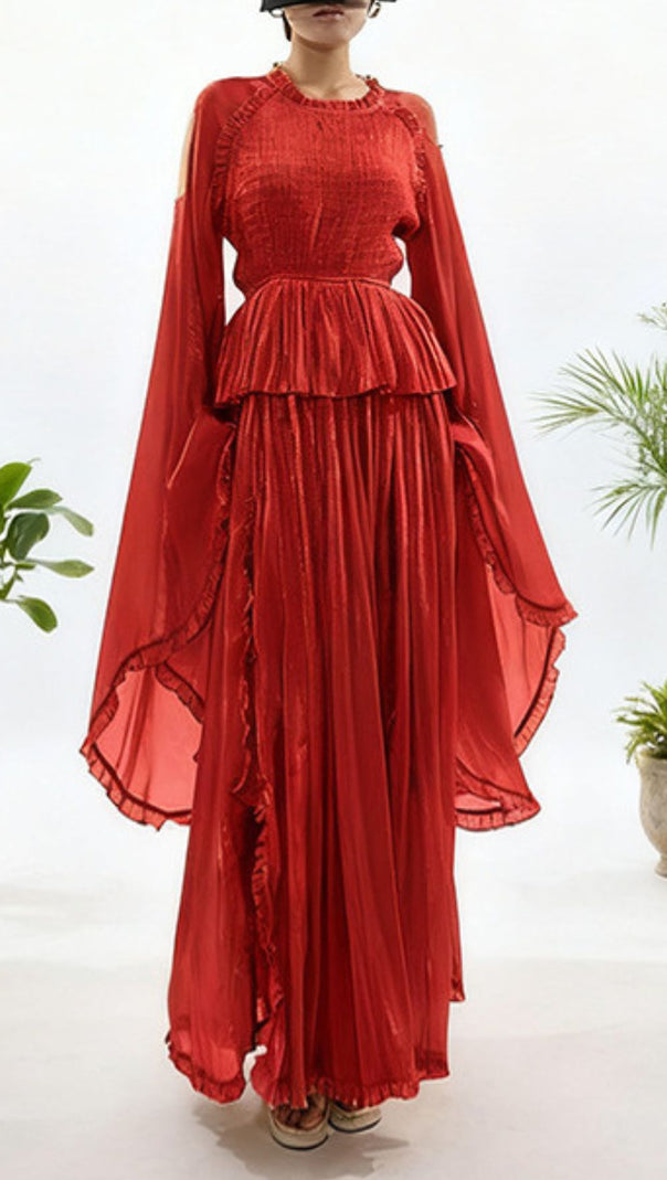 AIIZIE HOLLE GOLDEN PLEATED MAXI DRESS FOR WOMEN - ELEGANT LONG SLEEVE OCCASION GOWN - product image