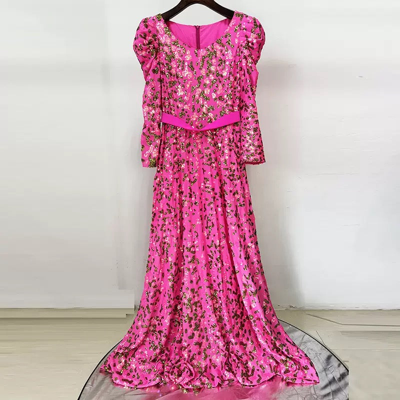 pink embroidered sequin long dress