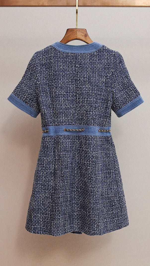 AIIZIE CHIC TWEED & DENIM MINI DRESS WITH GOLD CHAIN ACCENTS | HATSUYE - product image