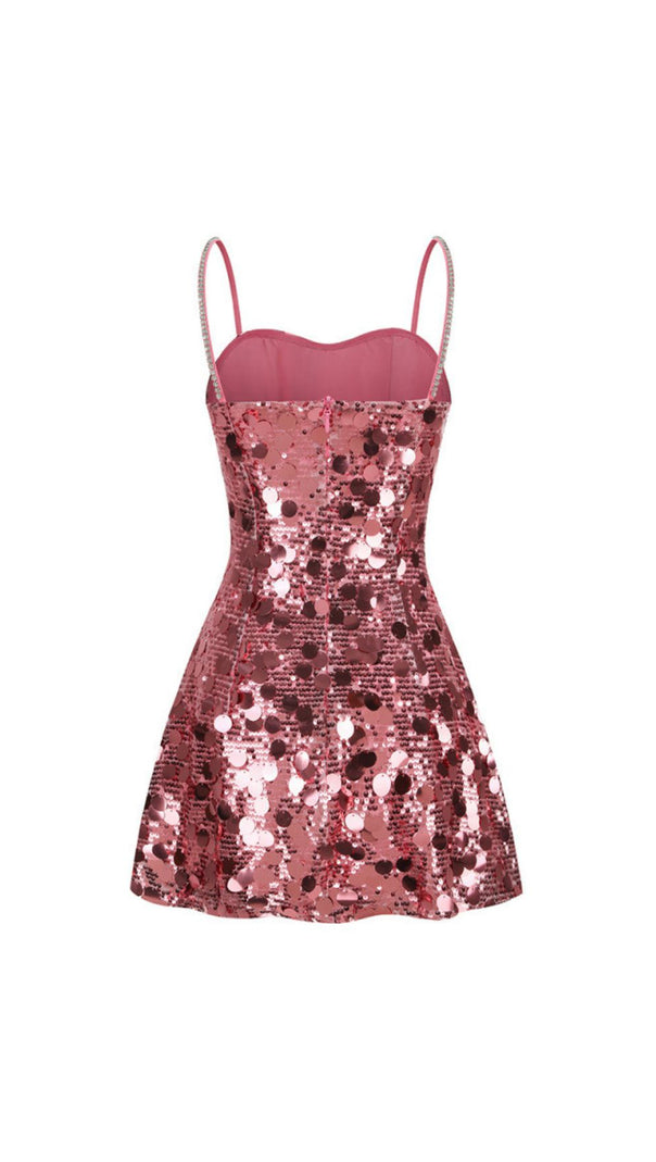 AIIZIE ISABELA DAZZLING PINK SEQUIN MINI DRESS WITH GLAMOROUS CHAIN STRAPS - product image