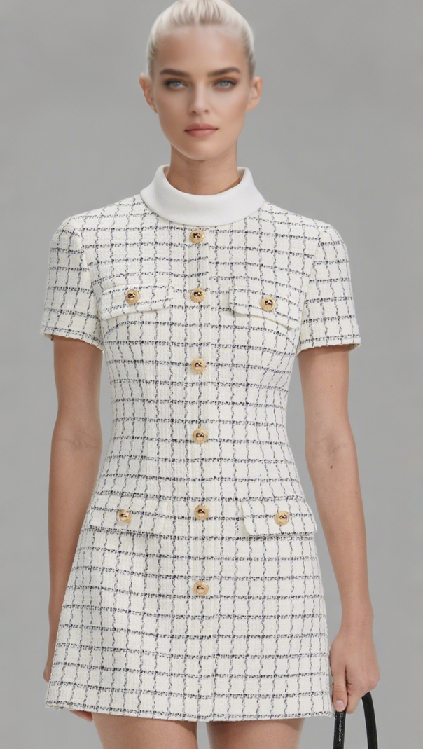 AIIZIE DECORATIVE BUTTONS CHECK MINI DRESS IN WHITE - product image