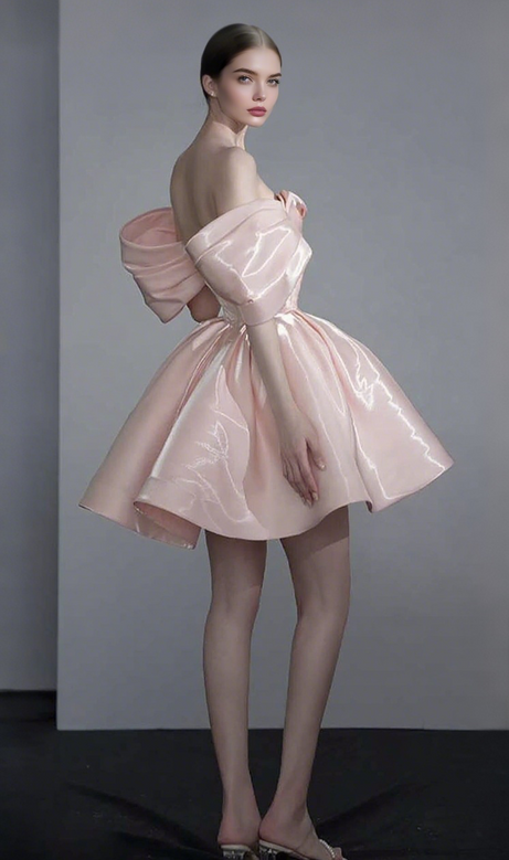 OFF SHOULDER SATIN MINI DRESS IN PINK
