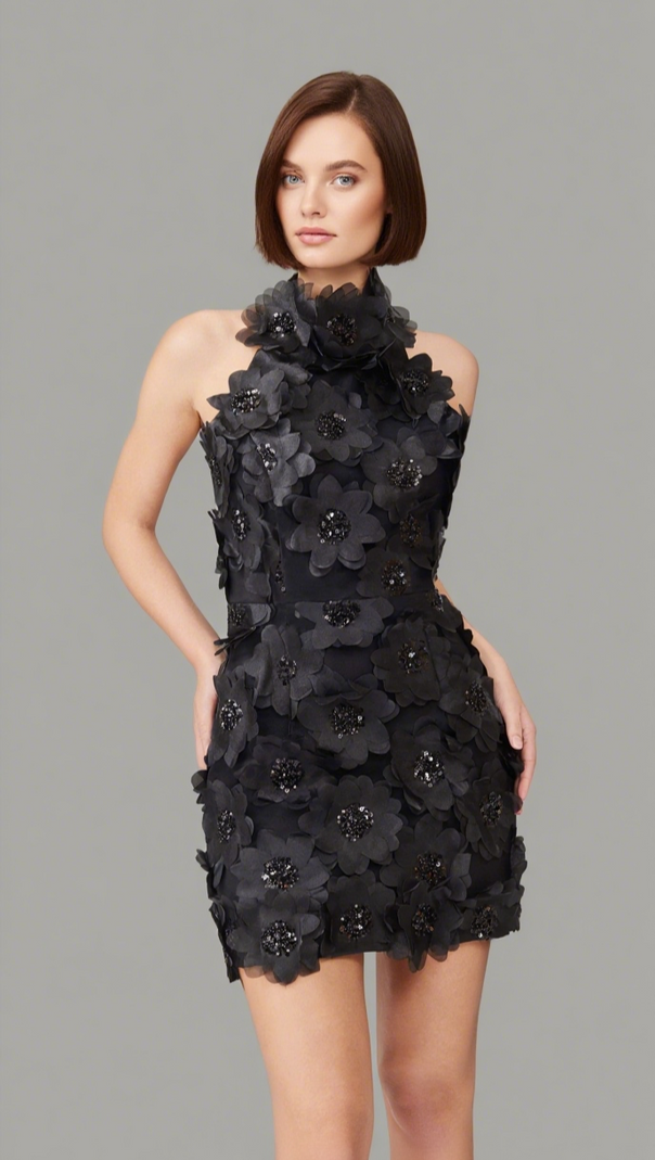 AIIZIE CHERRY BLOSSOM MINI DRESS IN BLACK - product image