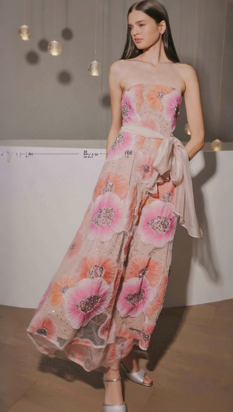 STRAPLESS FLOWER SEQUIN EMBELLISHED MIDI DRESS