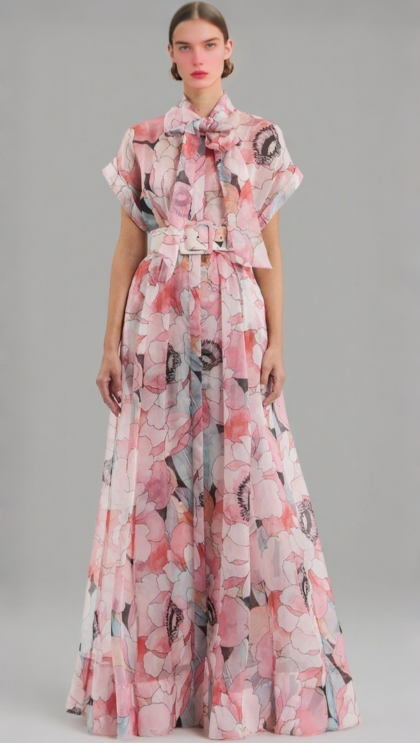Maxikleid aus Seidenorganza mit Blumenmuster in Pink-Multi