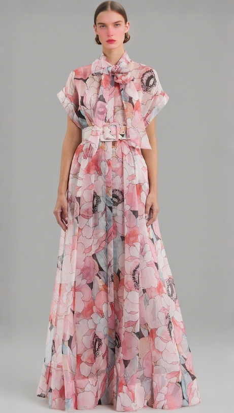 FLORAL PRINT SILK ORGANZA MAXI DRESS IN PINK-MULTI
