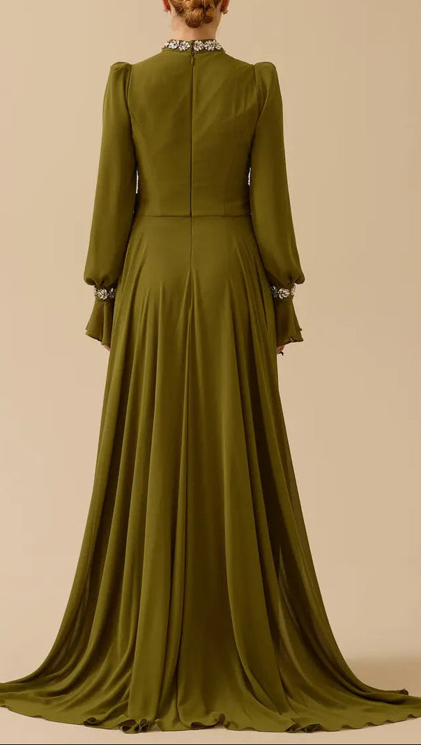 Alyssa Puff Long Sleeve Pleated Silk Maxi Dress in Green