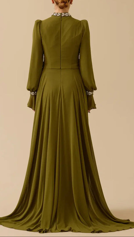 alyssa puff long sleeve pleated silk maxi dress in green