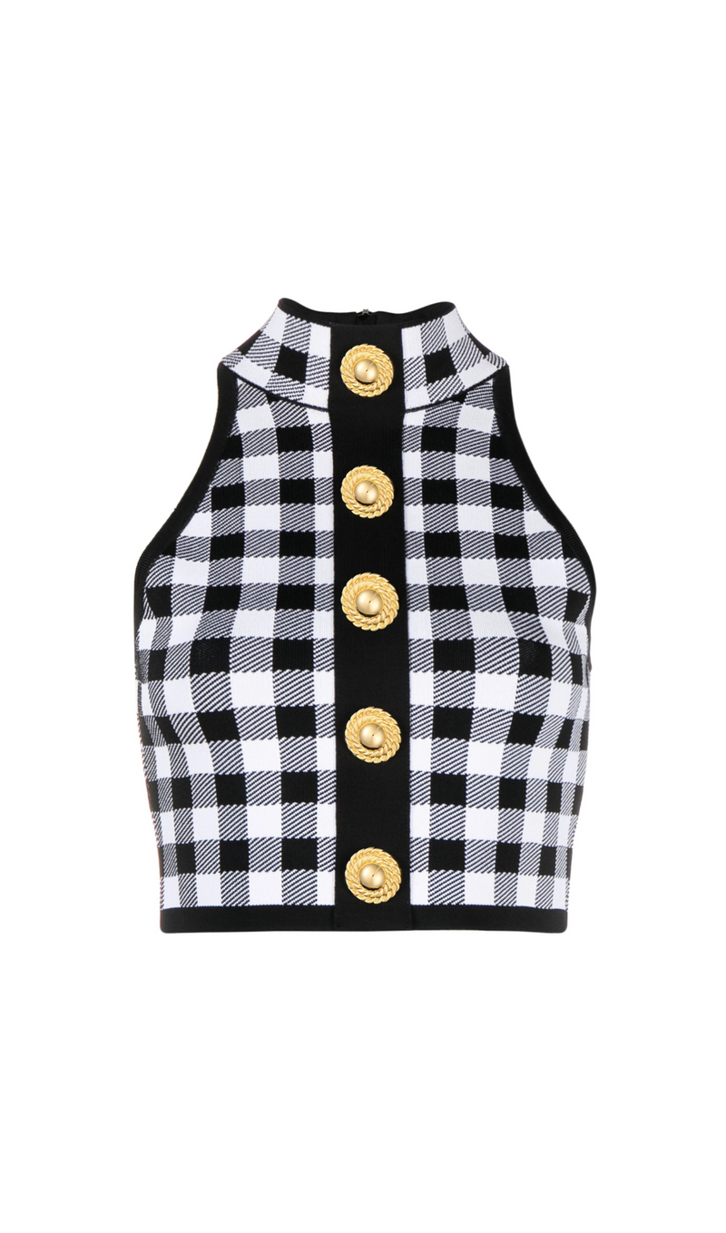 BLACK CHECK-PATTERN CROP TOP