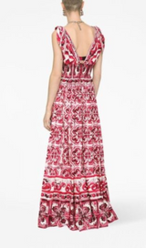 RED MAJOLICA PRINT FLARED MAXI DRESS