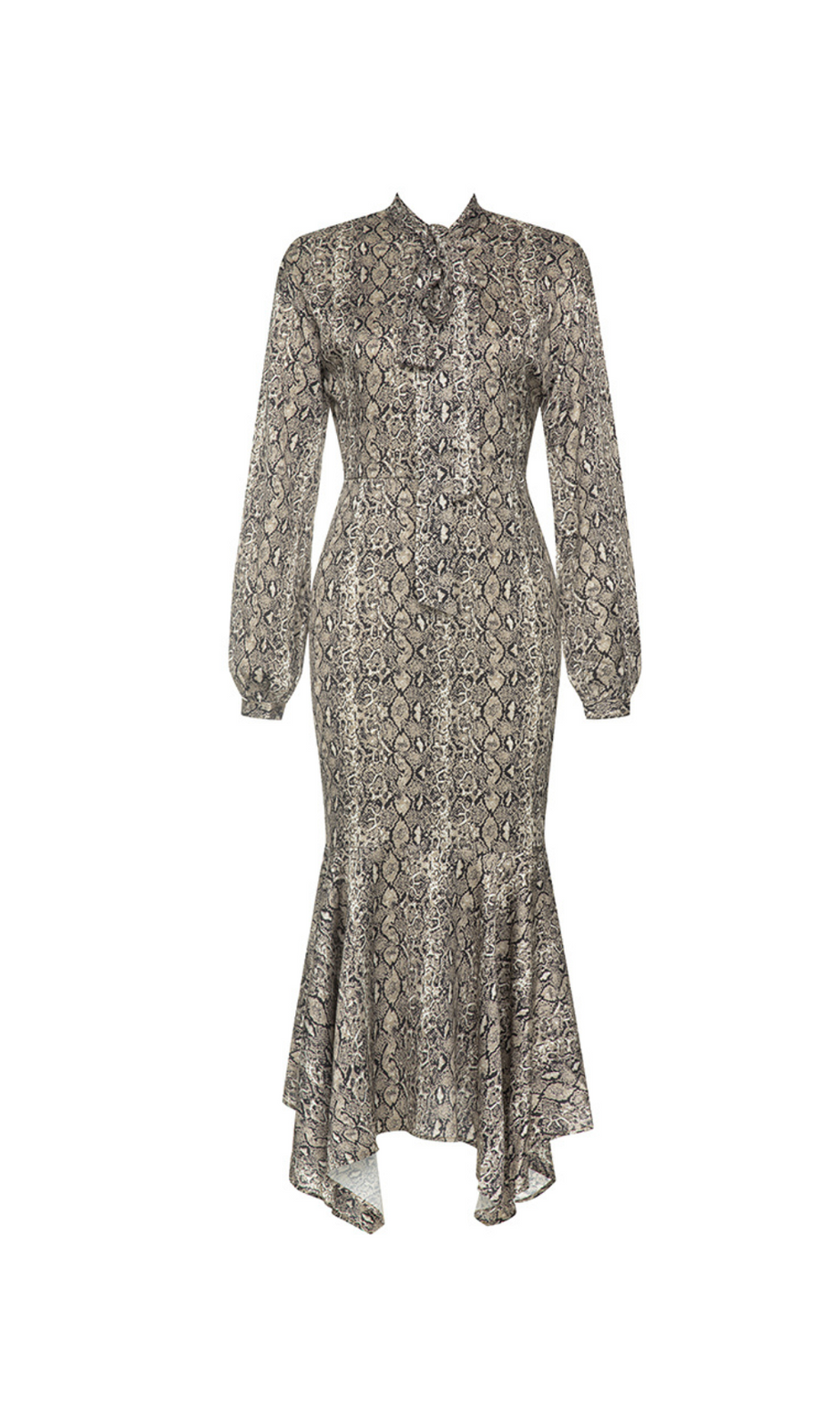 Maxikleid mit Schlangenmuster, Laternenärmeln und Meerjungfrauen-Saum