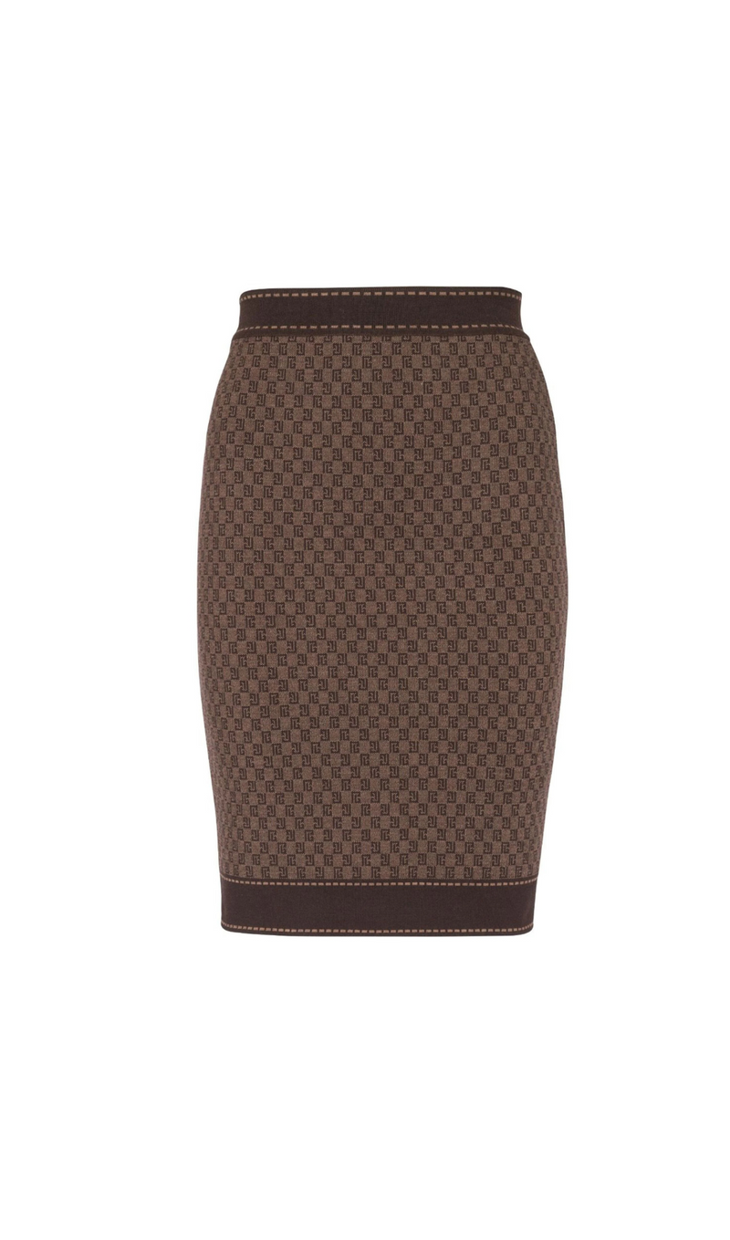 BROWN MONOGRAM-JACQUARD WOOL-BLEND SKIRT