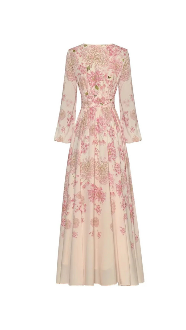 AIIZIE LACE-UP LANTERN SLEEVE FLOWERS PRINT MAXI DRESS - product image