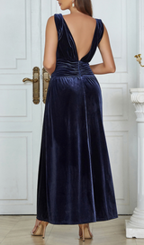 RUCHED WAIST VELVET MAXI DRESS