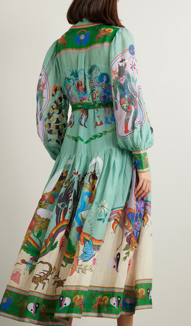 BELTED PRINTED RAMIE MAXI SHIRT DRESS