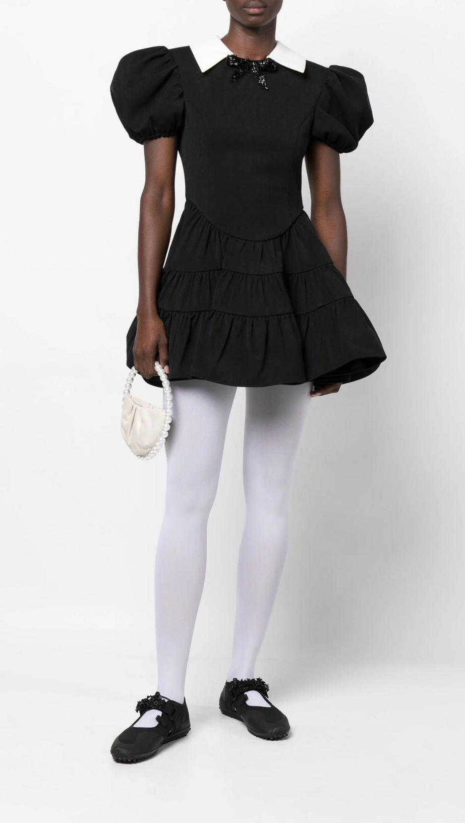 BLACK PUFF SLEEVE TIERED MINI DRESS