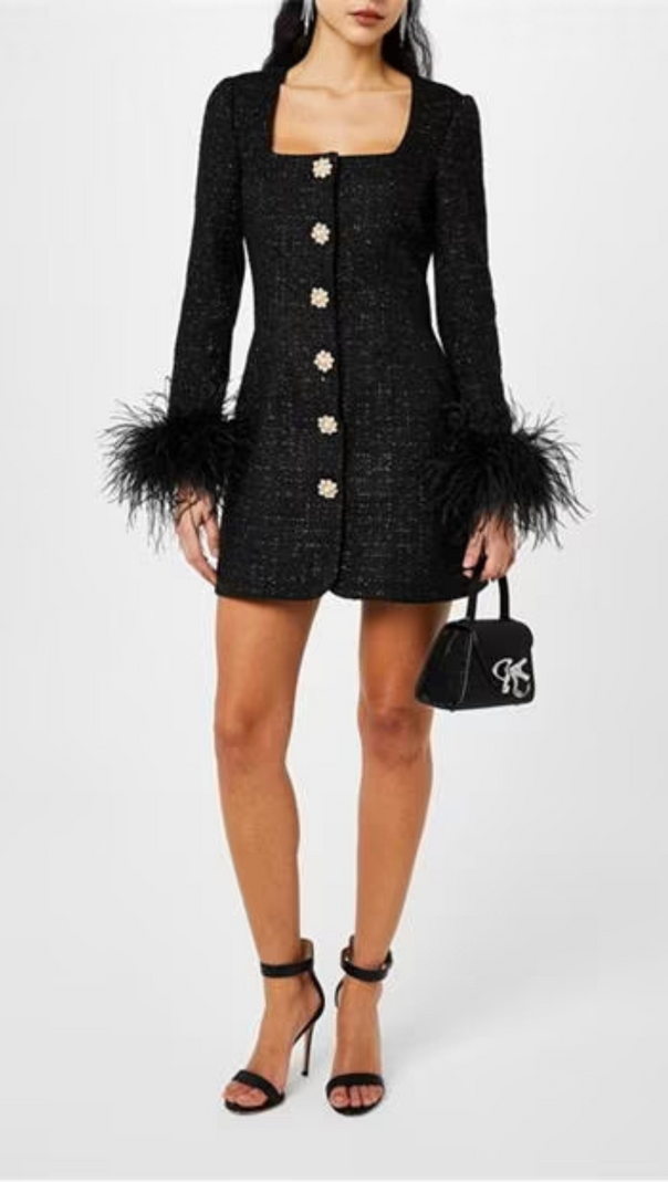 AIIZIE BLACK FEATHER-DETAILED BOUCLÉ MINI DRESS - product image