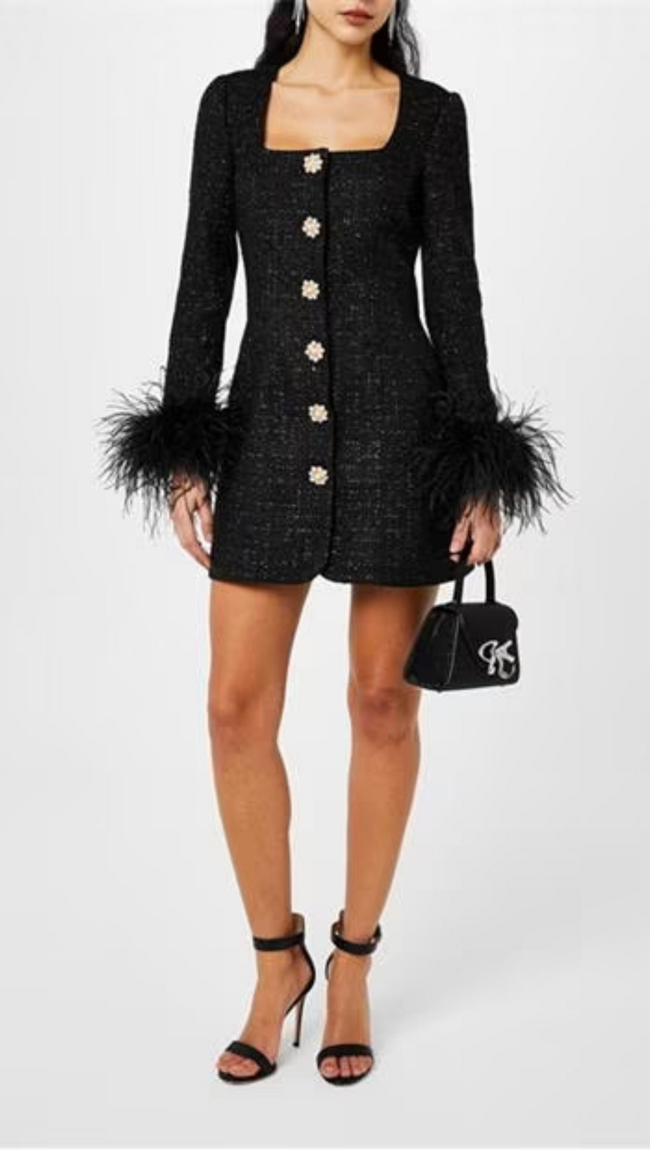 BLACK FEATHER-DETAILED BOUCLÉ MINI DRESS
