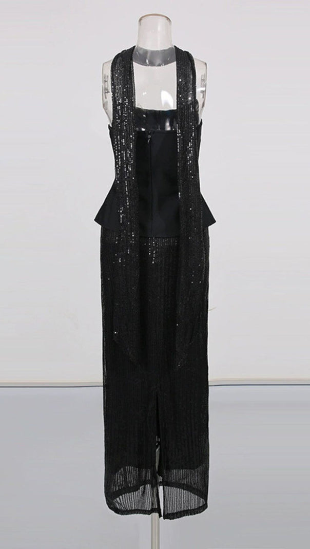 AIIZIE Isadora Black Sequin Glamour Two-Piece Set | Strapless Top & Maxi Skirt - product image