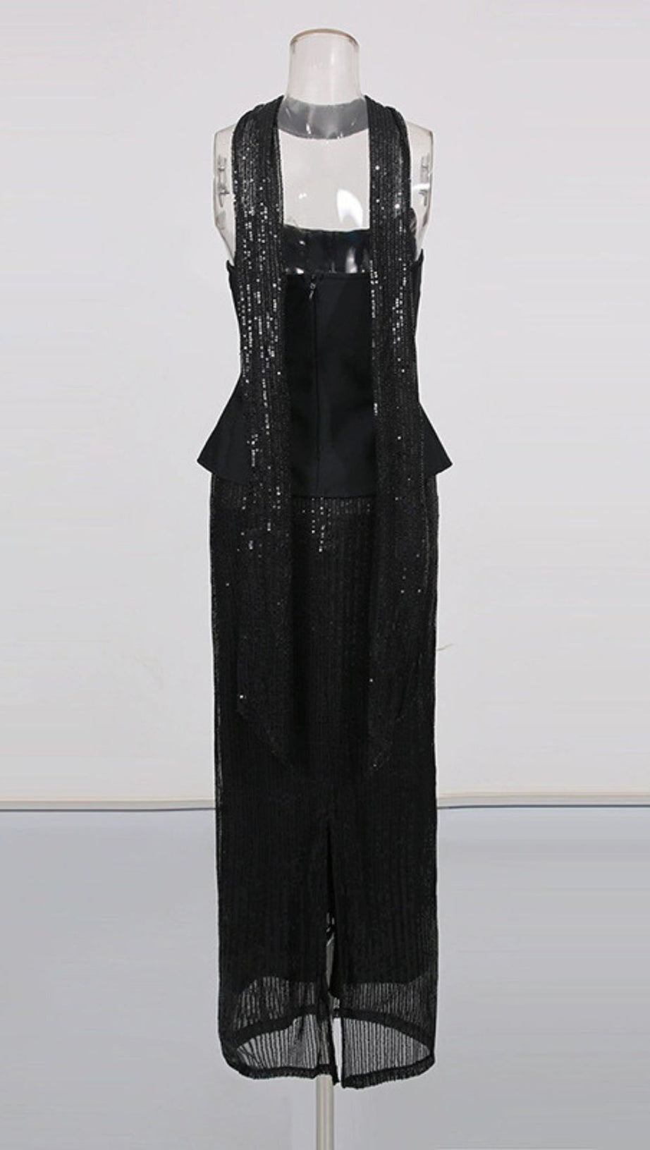 Isadora Black Sequin Glamour Two-Piece Set | Strapless Top & Maxi Skirt