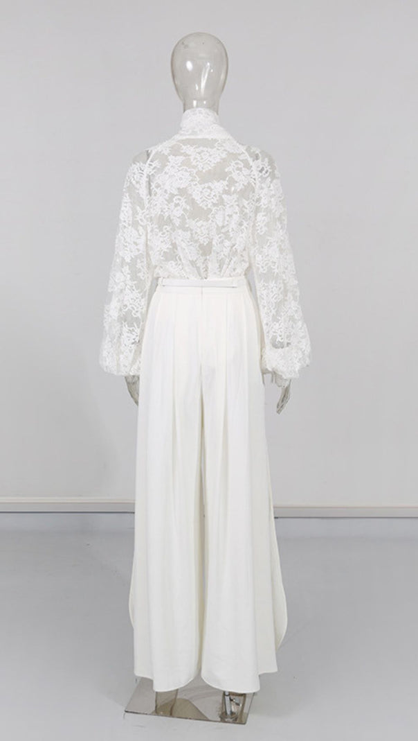 AIIZIE HUSTA WHITE LACE PUSSY-BOW BLOUSE & HIGH-SLIT WIDE-LEG PANTS SET - product image