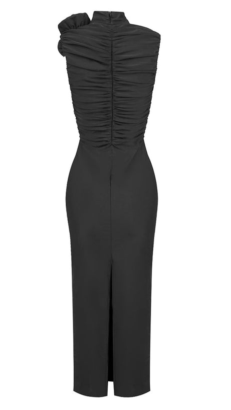 ADORA FLOWER EMBELLISHED RUCHED MIDI DRESS IN BLACK
